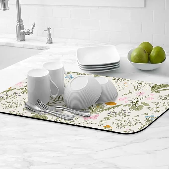 Herb Wild Flowers Butterfly Dish Drying Mats Super Absorbent Dish Drainer Rack Pad Non-Slip Drying Mat for Kitchen Counter, 24"x16"
