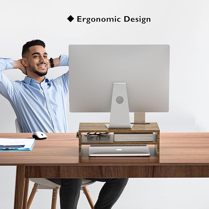 BONTEC Wooden Monitor Stand Riser, 2-Tier Desk Shelf with Storage Organizer, Ergonomic Computer Stand with Cable Management, Cellphone Holder, Vintage Brown, 16.5 Inch-NeatNest