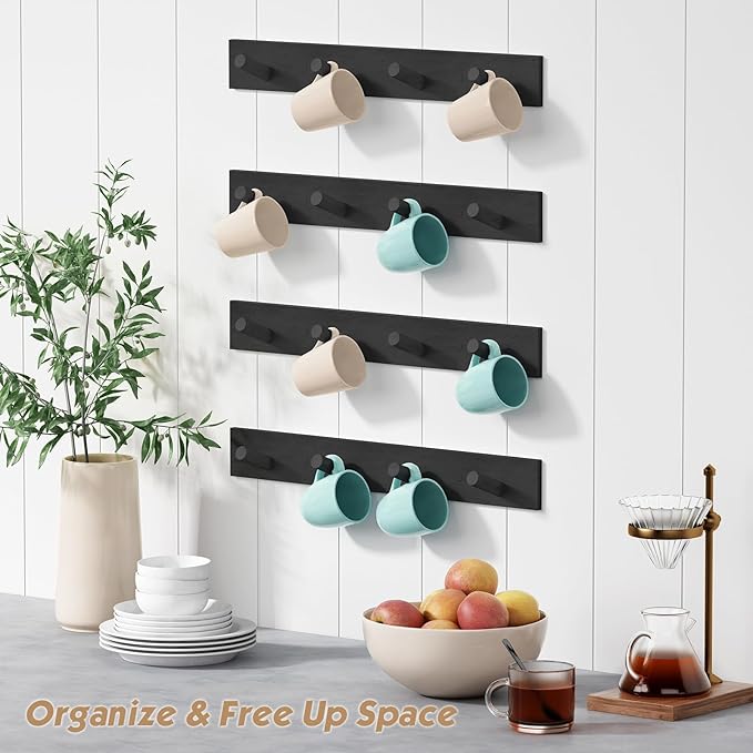 Forbena Black Coat Rack Wall Mount 4-Pack, Rustic Farmhouse Coat Hooks for Wall, Vertical Hanging Hat Rack for Office, Bedroom, Closet, Small Spaces, Kids Room Clothes, Entryway Shoes - 16 Pegs