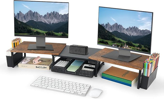 Desk Dual Monitor Stand Riser - Desk Organizer with Drawer and Pen Holders, Office Desk Accessories & Workspace Organization, Computer Monitor Stand for Laptop, Printer, TV, Office Decor, Wood-NeatNest