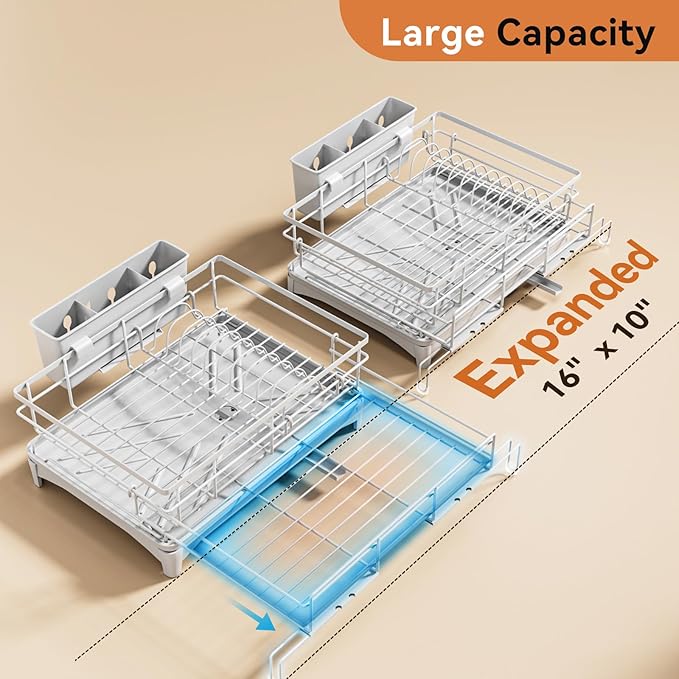 Dish Drying Rack - Expandable Rack, Large Capacity Dish Drainer for Kitchen Counter, Rust-Proof with Utensil Holder, Gray