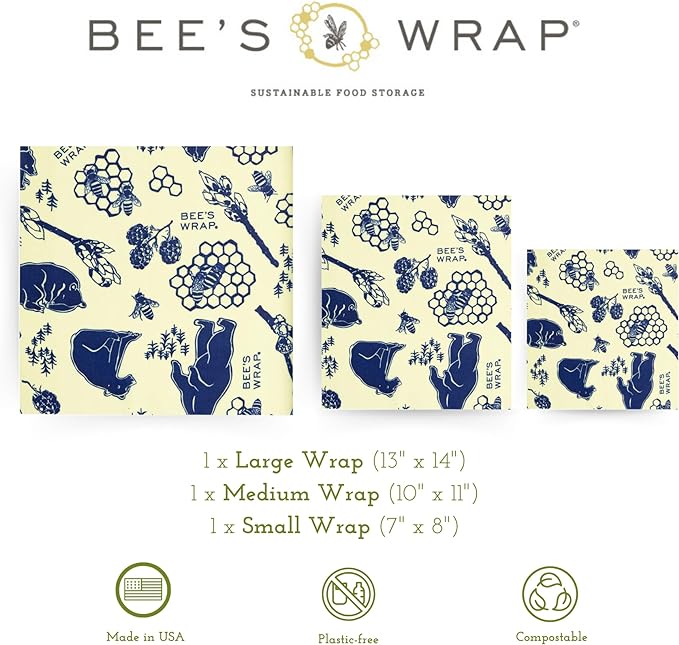 Bee's Wrap Beeswax Wraps for Food - Bees + Bears 3 Pack (S, M, L) Made in USA Reusable & Organic Food Wraps, Sandwich Wrap & Bowl Covers - Eco-Friendly Alternative to Aluminum Foil & Plastic Wrap-NeatNest