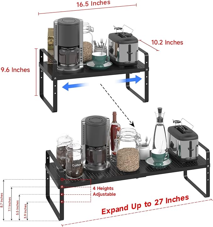 Expandable Cabinet Shelf Organizer Adjustable Metal Spice Rack Stackable Freestanding Counter Storage Shelves for Kitchen Cabinet Under Sink Office Desk (Black - 1Pack - L16.5-27'' * W10.2'' * H9.6'')-NeatNest