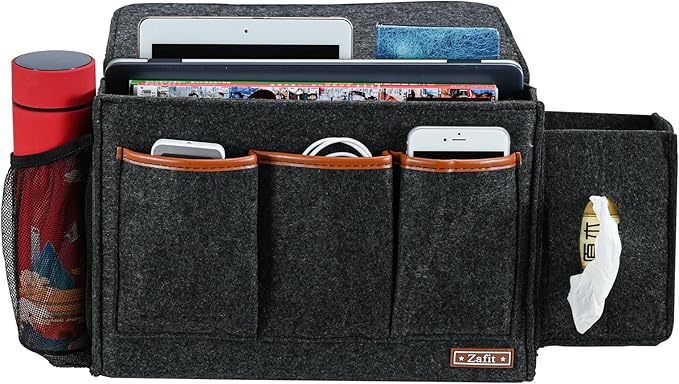 Bedside Caddy, Large Size Storage Organizer - Bedside Organizer for Magazine, Remotes, Phone (13.4'' x 18.1'' Tissue Box Holder, Dark Grey)-NeatNest