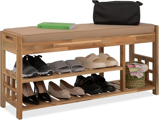 Wooden Shoe Rack with Bench Seat - Light Natural Acacia Wood Entryway Organizer with Cushioned Top & Easy-Move Handles - Multi-Level Shoe Shelf (39.4 x 11.6X 19.29)-NeatNest