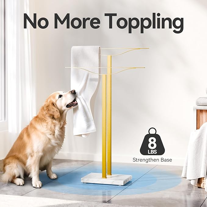 Bathroom Towel Rack Freestanding Floor Stand: Gold 33in 2‑Bar Weighted Marble Base Towel Holder, Rustproof 304 Stainless Steel Drying Rack for Bath&Hand Towels, No‑Drill Slim Organizer, Spa Pool