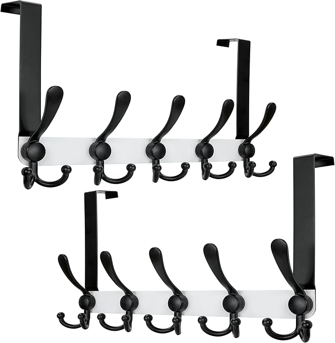 Dseap Over Door Hook 2.0 - Upgraded Version - Simple-Assembly, Strong, Heavy-Duty Stainless Steel 5-Tri-Hook Over The Door Hanger Rack, SimpleStrong Series, White & Black, Pack of 2