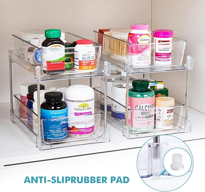 2 Pack Clear Bathroom Organizers and Storage, 2 Tier Pull Out Under Sink Cabinet Organizer Plastic Drawer Organization and Storage for Bathroom and Kitchen-NeatNest