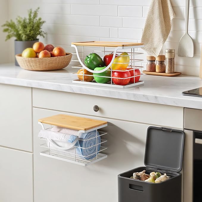 Extra Large Trash Bag Holder Stackable Kitchen Storage White, 2 Pack Wall Mounted Pantry Organizers and Storage with Bamboo Top, Garbage Bag Dispenser Under Sink for Laundry Room and Kitchen-NeatNest