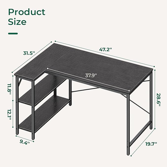 Huuger L Shaped Desk, 47 Inches Computer Desk with Reversible Storage Shelves, Gaming Corner Home Office Writing Study with Metal Frame, Black-NeatNest