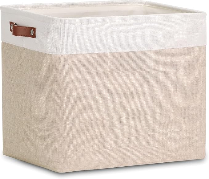 DULLEMELO Large Collapsible Storage Basket/Bin with Sturdy Leather Handles, Fabric Organizer Bin for Storage Clothes, Toys, Books, Office, Bedroom, Closet, Nursery & Laundry (White&Khaki)-NeatNest