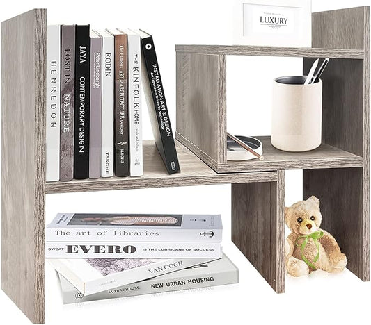 Desktop Bookshelf Organizer Adjustable Wood Desk Storage Shelf Counter Office Storage Rack Top Bookcase Display Books Elegant Light Grey Oak Desktop Bookshelf for Writing Desk Table-NeatNest