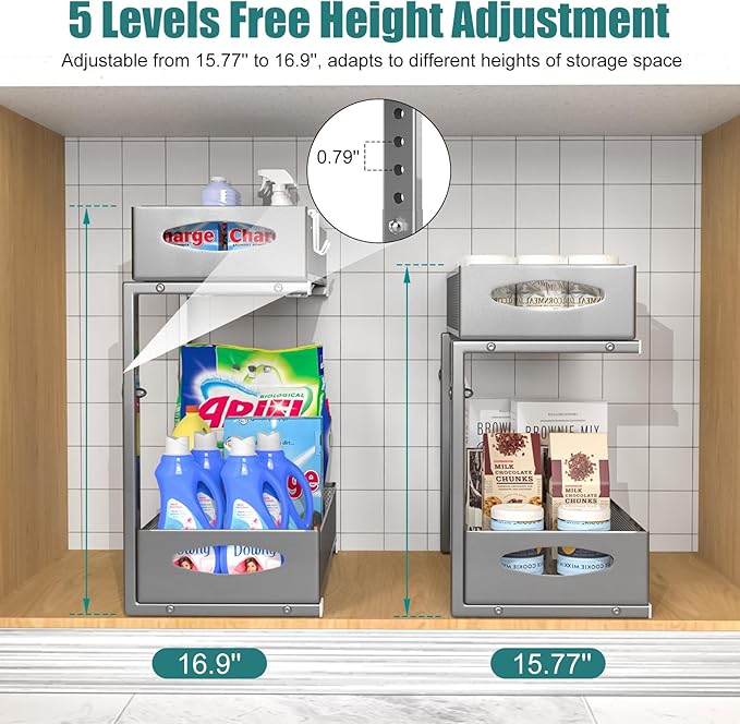 1 Pack Under Sink Organizer, 2 Tier Metal Pull Out Under Sink Storage with Sliding Mesh Drawers, Height Adjustable Slide Out Under Sink Organizer for Kitchen Bathroom Cabinet, Gray-NeatNest
