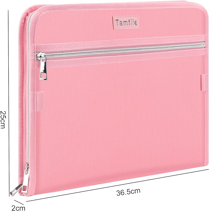 Fireproof Safe Accordion File Organizer Bag Folder,Waterproof Expanding Filing Folder with 14 Pockets, A4 Letter Size, Document Organizer Holder and Color Labels /2 Zipper (Pink 14.3" x 9.8")
