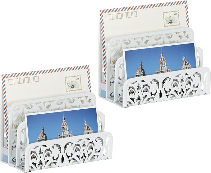 EasyPAG 2 Pack Mail Organizer with Hollow Floral Design, Metal Desktop Letter Sorter – 3 Compartments, No Assembly, Anti-Slip Feet for Office/Home Desk, White