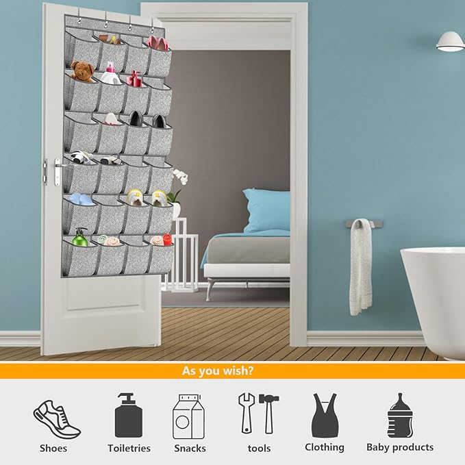 2 Pack Over the Door Shoe Organizer, Hanging Shoe Rack Storage Holder with 48 Large Pockets for Closet Door (Grey)-NeatNest