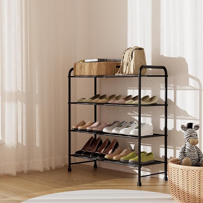 4-Tier Short Metal Shoe Rack,Extra Large Capacity Adjustable Stackable Shoe Organizer Shelf for Closet Entryway, Bedroom,Living Room, Floor,Hallway Shoe Shelf,Black 28" W × 32.3" H-NeatNest
