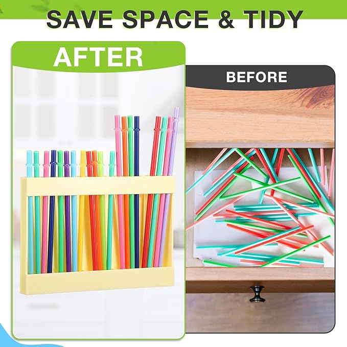 Acrylic Straw Holder for Cabinet Door with Double Sided Adhesive Tape Reusable Straw Organizer Tumbler Storage Kitchen Accessories Container for Counter Cupboard(Cream Color,Large)