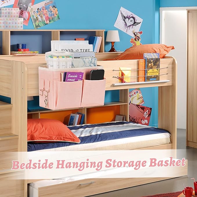 Bedside Caddy Hanging Storage with Water Bottle Holder for Bunk Bed Hospital Bed Dorm Rooms (Pink)-NeatNest