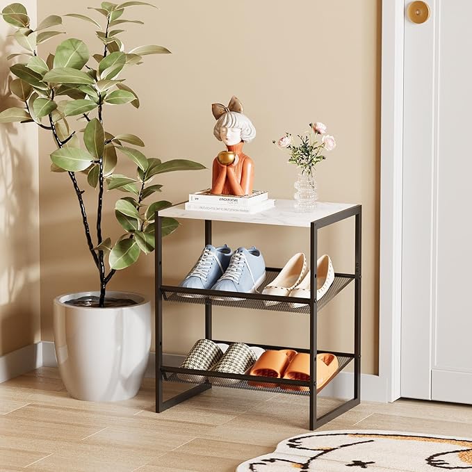 Garden 4 you 3 Tiers Narrow Shoe Rack,Small Space Freestanding Shoe Storage Organizer with White Wooden Tabletop,Adjustable Metal Shelf Stackable Shoe Shelf for Entryway Hallway Living Room Closet-NeatNest