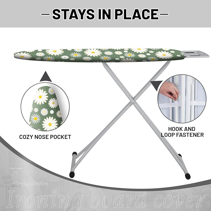 Extra Thick Ironing Board Cover and Pad, 15x54 Ironing Board Cover, Resist Scorching and Staining,Elastic Edges,Sage Green White Daisy Spring Flowers