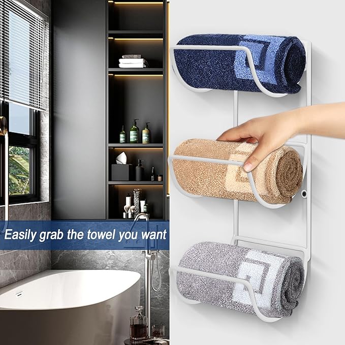 NearMoon Towel Rack Wall Mounted- All Metal Bathroom 2 Towel Rack Holders+ Hand Towel Storage Basket, Rustproof 3 Level Wine Rack Organizer for Hand Towels, Washcloths, 2+1 Pack (White)