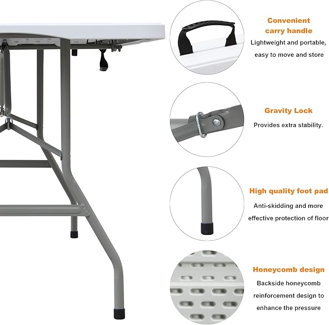 FORUP 6ft Table, Folding Utility Table, Fold-in-Half Portable Plastic Picnic Party Dining Camp Table (White)-NeatNest