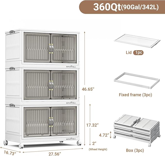 360Qt Stackable Storage Bins with Lid, Extra Large Closet Organizer Collapsible Drawer Boxes with Wheels, Folding Plastic Cabinet Containers for Home Kitchen Room Organization, 3Pack White