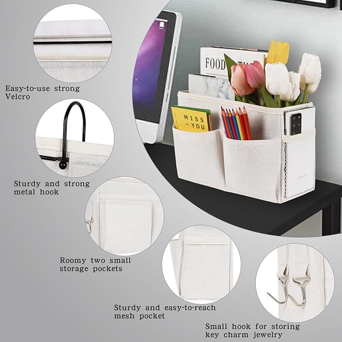 Bedside Caddy White Bedside Hanging Storage Basket Bed Caddy for Headboards Bunk Dorm Rooms Crib Beds Rails Organizer (White)-NeatNest