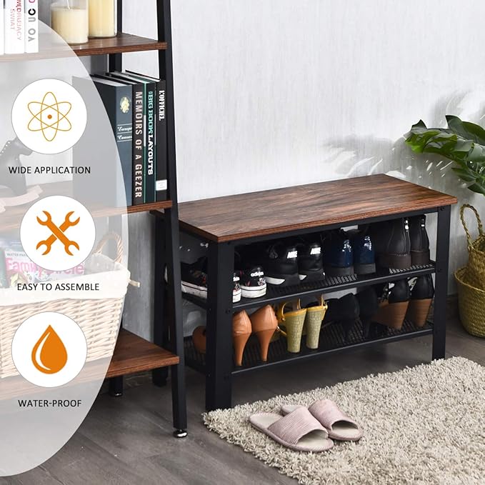 Giantex 3-Tier Shoe Rack Bench, Industrial Shoe Bench with 2 Mesh Storage Shelves & Seat for Entryway, Front Door, Garage Shoe Storage (Rustic Brown)