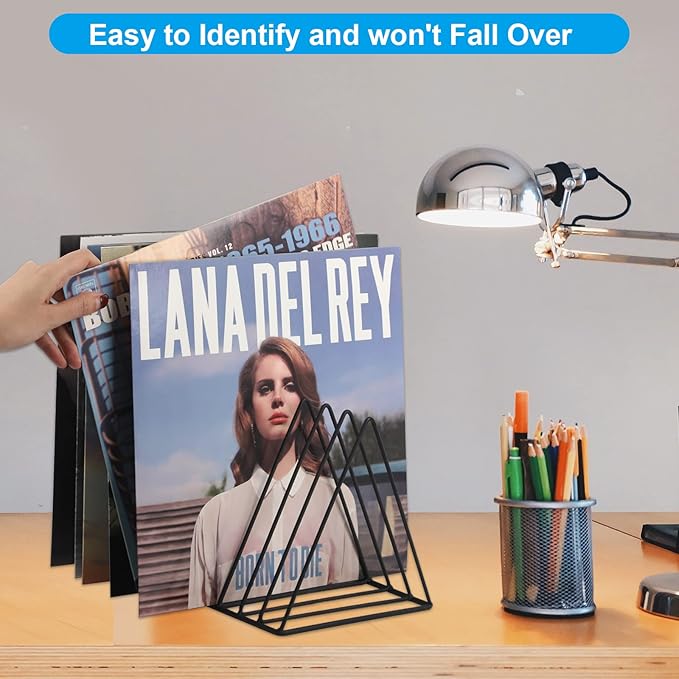 EASEPRES Vinyl Record Holder Storage, 9 Slot Metal Magazine Book Album Display Rack, Stylish Triangle Desktop File Sorter Organizer for Home Office, Black
