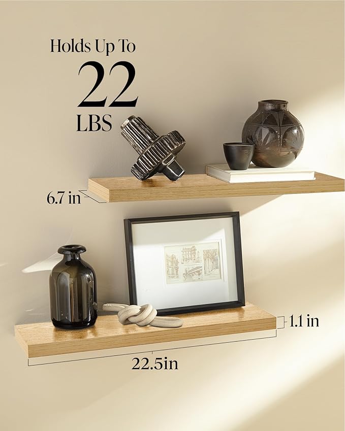 BAYKA Floating Shelves, 22.5" Wall Mounted Wood Shelves for Bathroom, Bedroom, Living Room, Kitchen, Hanging Shelf for Books/Storage/Decor (Oak-Toned,Set of 2)-NeatNest