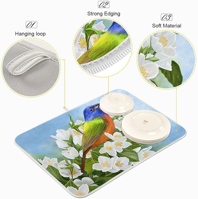 Absorbent Dish Drying Mat for Kitchen Counter - Peach Blossom Blue Hummingbird Microfiber Drying Pad, Reversible Drainer Mats for Countertop, Small 16" x 18"
