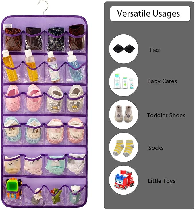 Dual-sided Hanging Baby Shoes Organizer Closet Toddler Shoe Storage Holder for Kids Bow Socks Underwear (PURPLE)-NeatNest