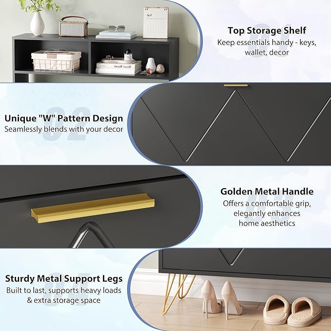 Shoe Cabinet with 2 Flip Drawers, Black Shoe Organizer Cabinet for Entryway Slim, Hidden Shoe Storage with Open Shelf & Metal Legs, Freestanding Tipping Bucket Shoe Rack Cabinet-NeatNest