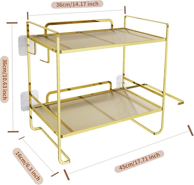 2-Tier Over Toilet Storage Rack, Gold Metal Bathroom Organizer Shelf, Toilet Tank Topper with Side Hooks (Gold, 2L)-NeatNest
