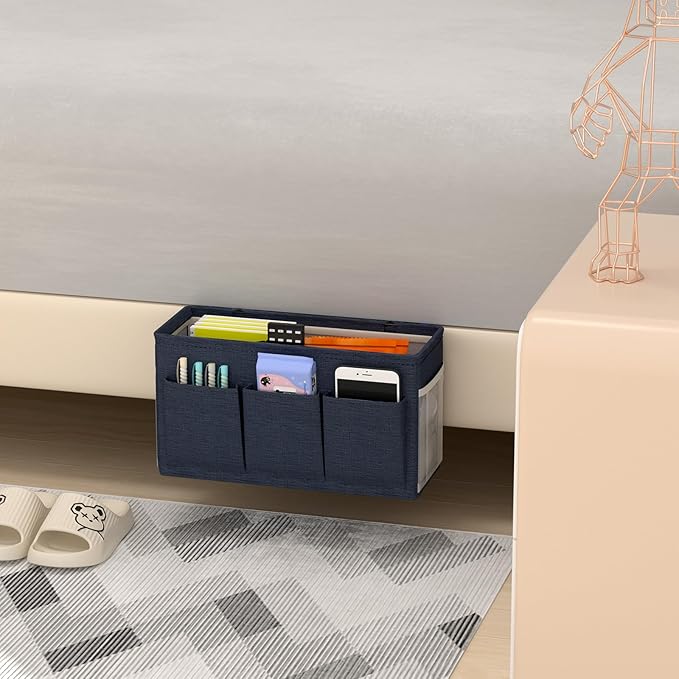 Dual-purpose Bedside Caddy Bedside Organizer, Bed Caddy with 6 Pockets, Versatile Bedside Storage Solution Magazine Remotes holder, ideal for Home, Dorm, Hospital, Crib Bed (Navy 2pcs)-NeatNest