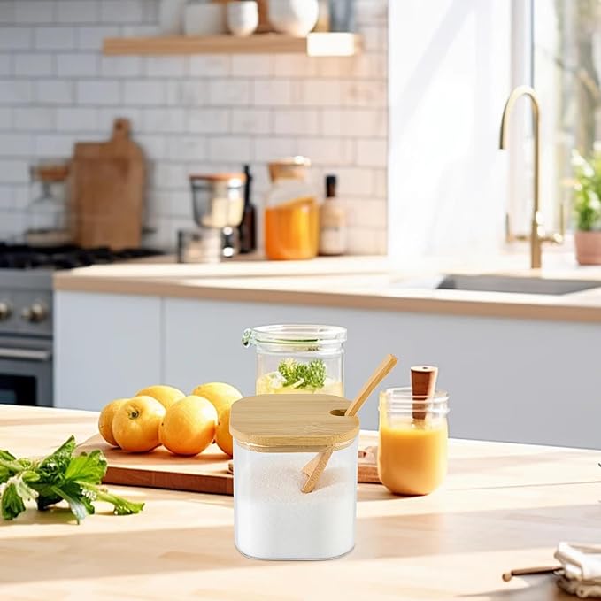 FANTESTICRYAN Glass Condiment Canister Pots with Bamboo Lids and Spoons, Kitchen Condiment Canisters, Set of 2 (Square)