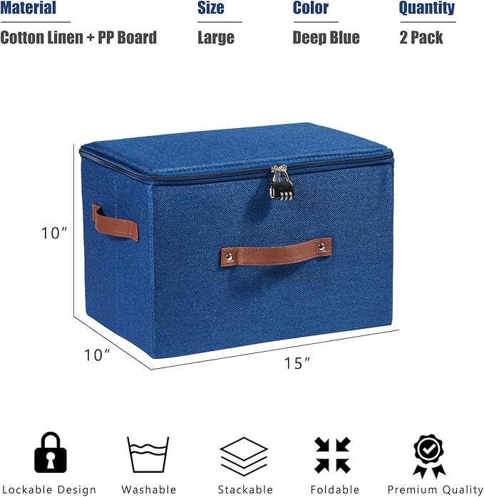 2PCS Storage Bins Box with Zipper Lid Combination Lock PU Leather Handles Cotton Linen Fabric Lidded Lockable Basket Foldable Washable Closet Shelf Organizer Container (Deep Blue, Large)