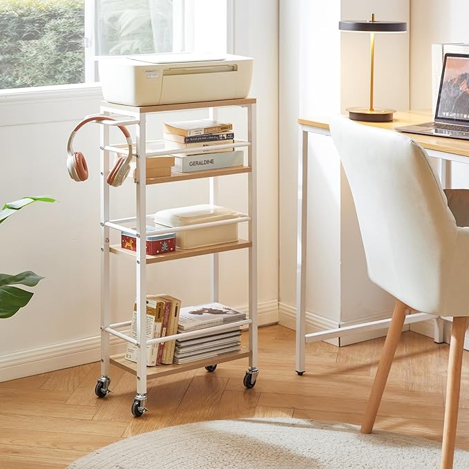 IBUYKE 7.8" Slim Rolling Cart,4 Tier Metal Kitchen Laundry Storage Cart,Industrial Narrow Utility cart,Trolley with Handle and Wooden Tabletop,for Kitchen, Living Room,Bathroom,Natural UTMJ065R