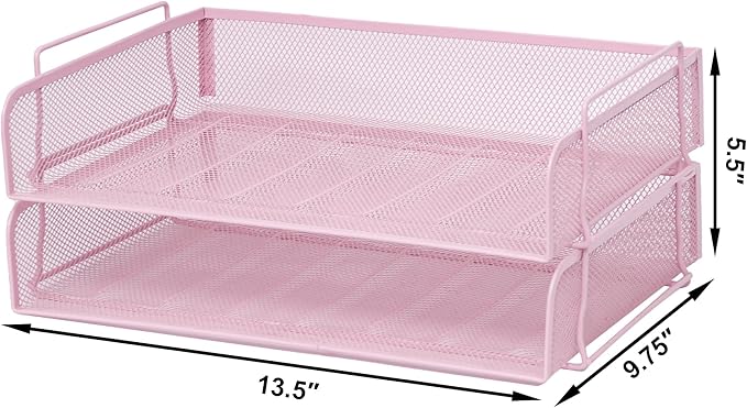 EASEPRES 2 Pack Stackable Desk Paper Tray, Metal Mesh Desktop Document Letter File Organizer for Office Home School, 13.5'' L x 9.75'' W x 5.5'' H, Pink