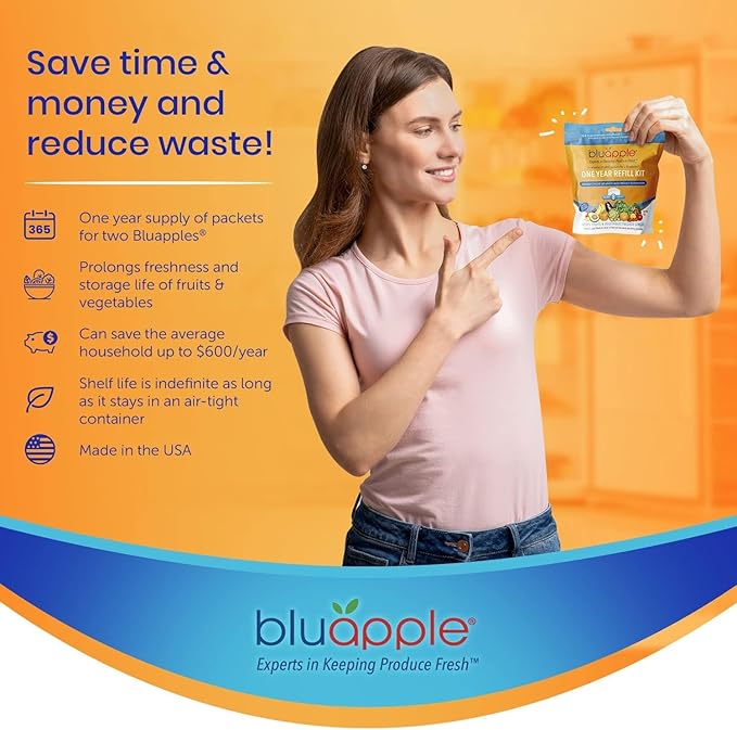 Bluapple Produce Saver Refill Kit - Keep Fruits & Vegetables Fresh Longer, Veggie & Fruit Saver, 8 Packets (9 grams each), Lasts up to 3 Months, Produce Storage, Ethylene Gas Absorber, Made in USA-NeatNest