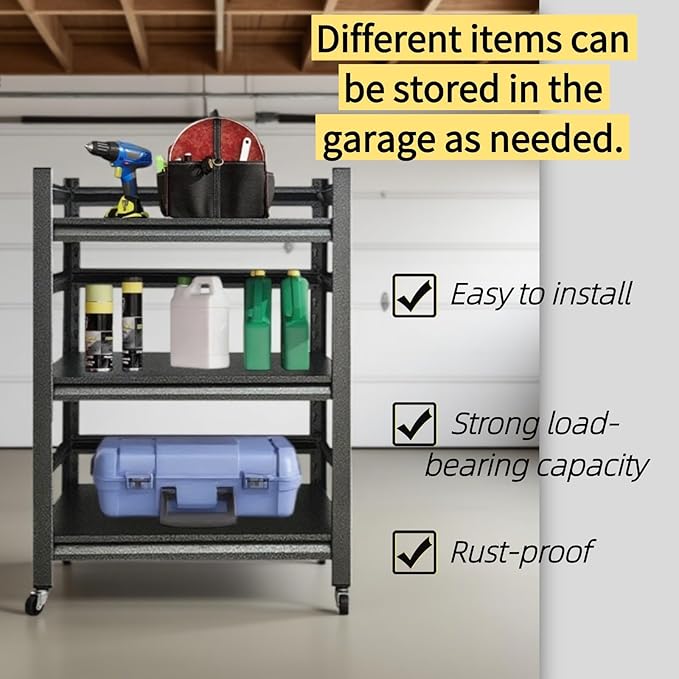 3 Tier Garage Storage Shelves,Heavy-Duty Unit with Wheels,Easy to Assemble Adjustable Metal Garage Shelving for Kitchen Warehouse Tool Room(Size:60cmX40cmX80cm)