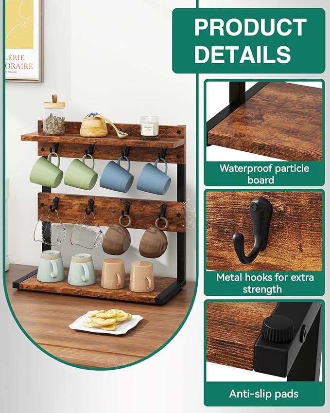 IBUYKE Rustic Coffee Mug Holder Stand, 2 Tier Countertop Mug Tree Holder Rack with Storage Base, Vintage Mug Holders for Kitchen, Holds 8 Mugs, Rustic Brown UTBJ002H-NeatNest