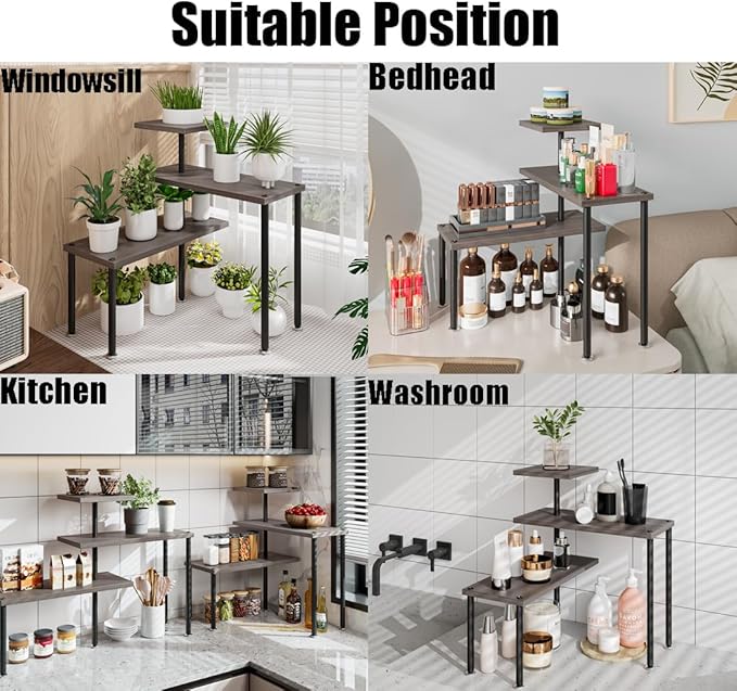 Countertop Organizer Organization 3 Tier Kitchen Corner Shelves Adjustable Spice Storage Rack for Bathroom Coffee Area Over Sink (Dark Gray Oak)-NeatNest