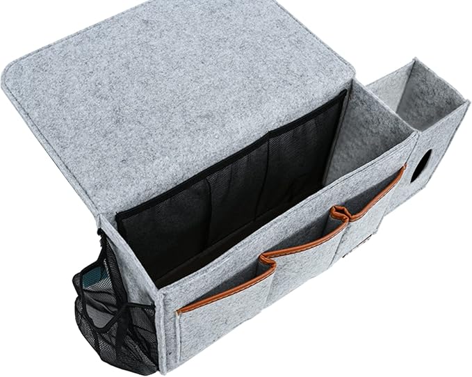 Bedside Caddy, Large Size Bedside Storage Organizer Bedside Organizer Caddy for Magazine Remotes Phone (13.4'' x 18.1'' Tissue box holder, Light Grey)-NeatNest