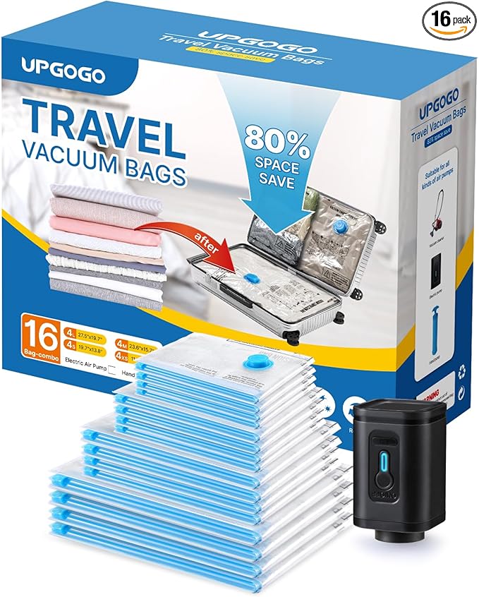 Combo 16 Pack Travel Vacuum Bags with Portable Electric Pump, Space Saver Vacuum Storage Bags for Clothing and Luggage, Travel Essentials-NeatNest