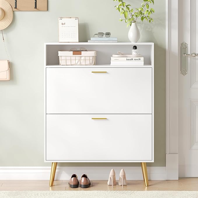 Entryway Shoe Cabinet, White Shoe Storage Cabinet with 2 Flip Doors and Shelf, Narrow Hidden Shoe Organizer Cabinet Slim, Freestanding Shoe Rack for Entryway, White-NeatNest