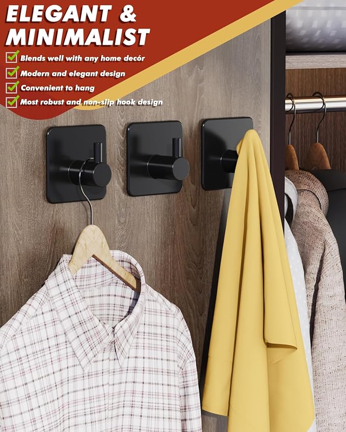 Adhesive Hooks Heavy Duty 30lb(Max) Wall Hooks, 5 Pack Self Adhesive Damage Free Towel Rack, Stainless Steel for Coat Robe, Waterproof Oilproof Rustproof for Bathroom Shower Kitchen Office