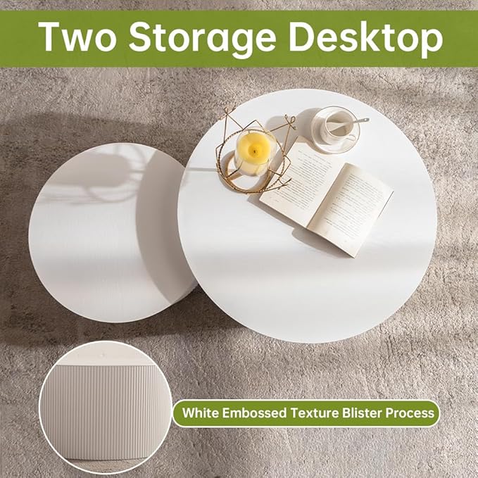 Round Nesting Coffee Table Modern White Fluted Coffee Table Set of 2 Stripe Cream Round Coffee Tables Drum Crescent Side Table Accent End Table for Living Room (White A Large)